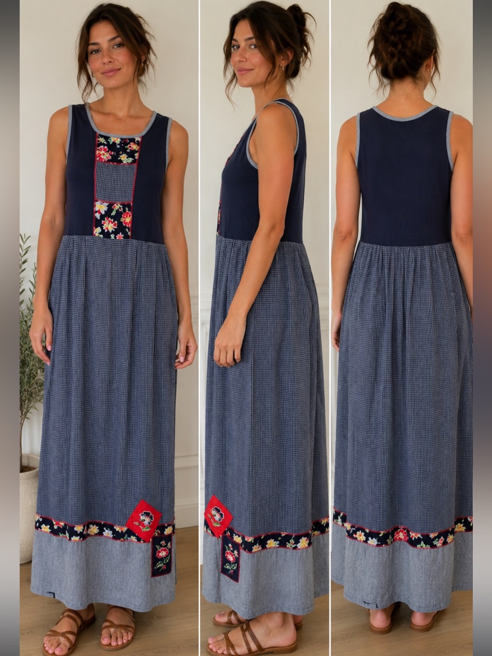 Vintage Patchwork Gingham Floral Maxi Dress Napa Valley Cottagecore Boho Sz M